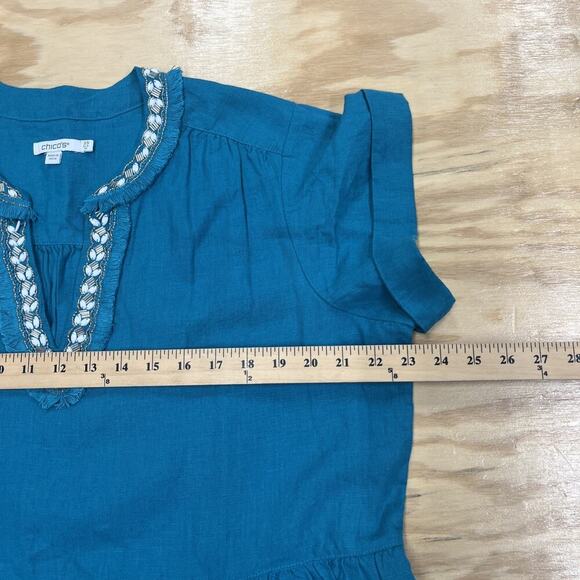 Chico's 100% Linen Embellished Cap Sleeve Dress Tiered Teal Green Midi Size 14 - Picture 10 of 12